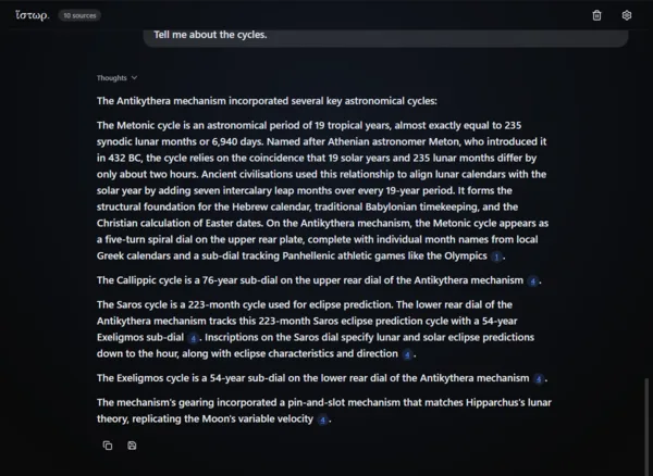 The same answer, scrolled to a paragraph citing a verified source. The citation chip sits raised in the text, and the source it resolves to, Decoding Antikythera mechanism, is listed in the Library rail at the left with a green status dot.