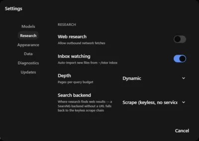 Settings, on the Research panel. Web research and outbound network fetches are switched off. Inbox watching is on, importing new files from the Istor inbox. Search backend is set to a keyless scrape chain, and the row notes that a SearxNG backend without a URL falls back to it.