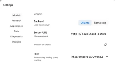 Settings, on the Models panel, in the light theme. The backend is a local model server, chosen between Ollama and llama.cpp, and the server URL points at localhost on port 11434. A row below reports nine models already installed on it, and a second row picks which one handles the fast work of summarizing, routing and rewriting.
