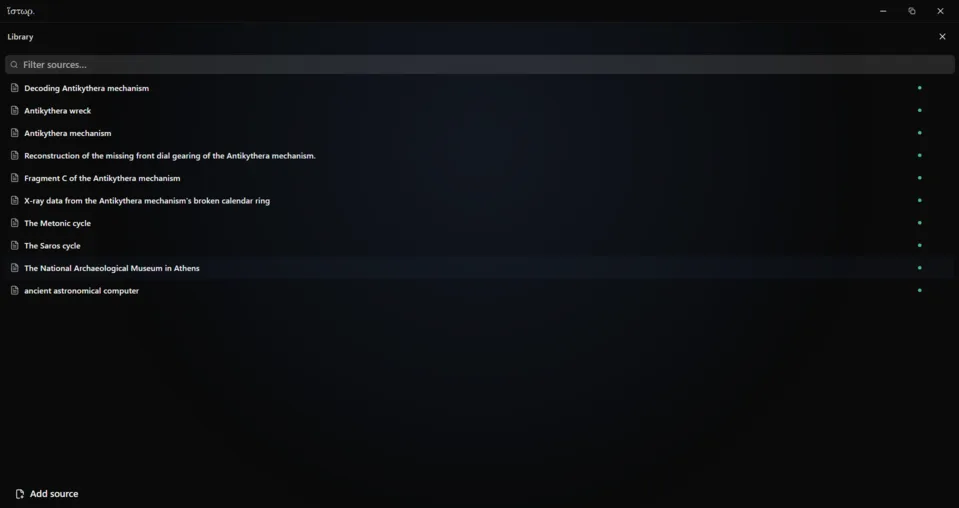 The Library rail in full view, in the dark theme and at the size the app draws it. Ten sources are listed under a filter field, each with a status dot at its right, and an Add source control sits at the foot of the rail.