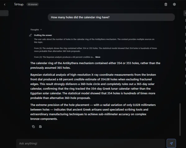 Istor answering the question “How many holes did the calendar ring have?” in the dark theme, with a Thoughts disclosure above the answer showing the app drafting its reply. The answer says the ring held either 354 or 355 holes rather than the previously assumed 365. The estimate is 354.08 at 68 percent, from high-resolution X-ray measurements, with a radial variation of only 0.028 millimetres between holes.